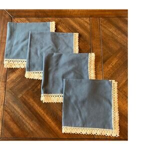 Napkin Lot of (4) Blue Cream Handmade Lace Edges Linen(?)‎ Boho Bohemian